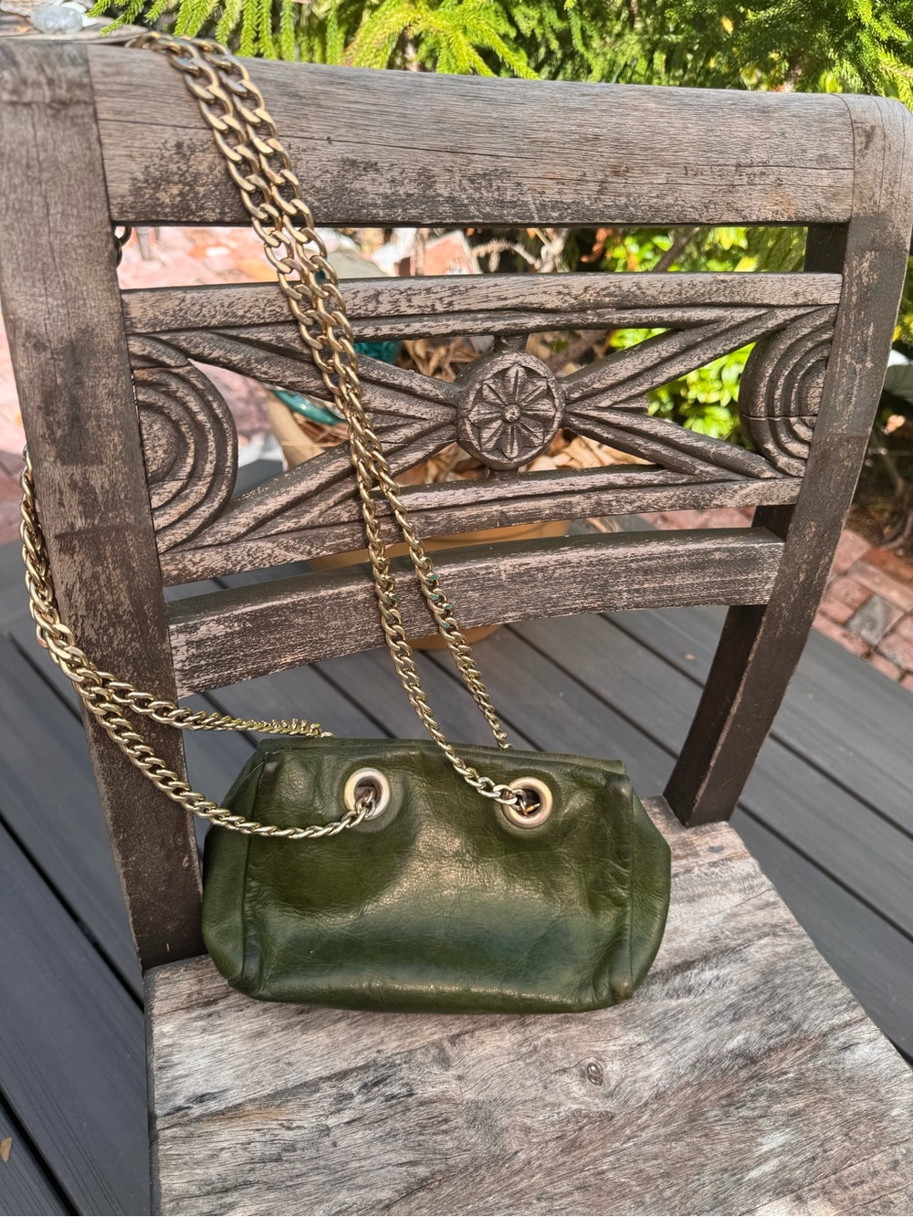 Furla Dark Green Leather Crossbody with Gold Chain